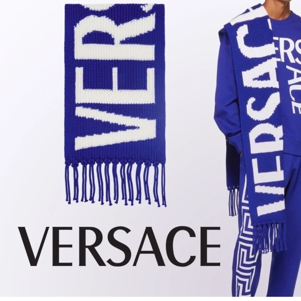 New! VERSACE Logo Intarsia Knit Fringe Oversized Unisex Wool Scarf in Royal Blue